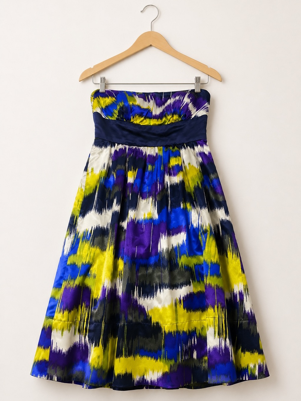 Strapless Abstract Print Midi Dress in Blue, Purple & Yellow